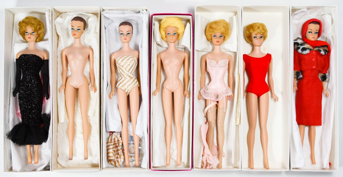 Mattel Bubblecut and Fashion Queen Barbie Dolls: Mattel Bubblecut and Fashion Queen Barbie Dolls Seven items including (3) 1963 Fashion Queen dolls with molded hair, (4) bubblecut dolls from 1963 to 1964 era including a lemon blonde; together with (