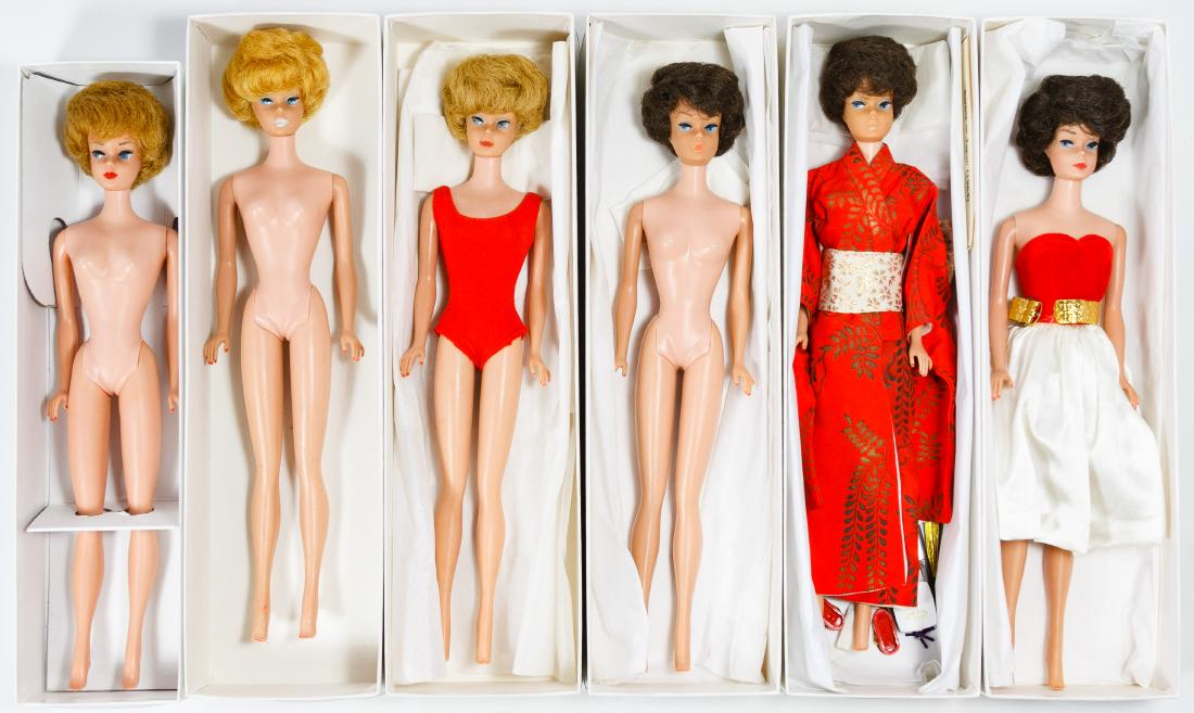 Mattel Bubblecut Barbie Doll Assortment: Mattel Bubblecut Barbie Doll Assortment Including (6) dolls from the 1963 to 1965 era, a Barbie in Japan Mattel outfit; together with a Red Flare dress Height: 11.25 inches (dolls) Category: Collectib