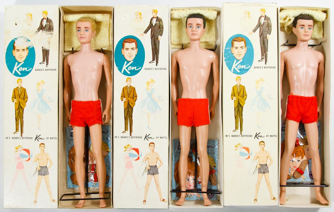 Mattel Flocked Hair #1 Ken Dolls: Mattel Flocked Hair #1 Ken Dolls c.1961 Barbie's boyfriend; including (2) brunette and a blonde flocked hair dolls in their original boxes with stands, sandals and towels Height: 12.00 inches (all) Ca
