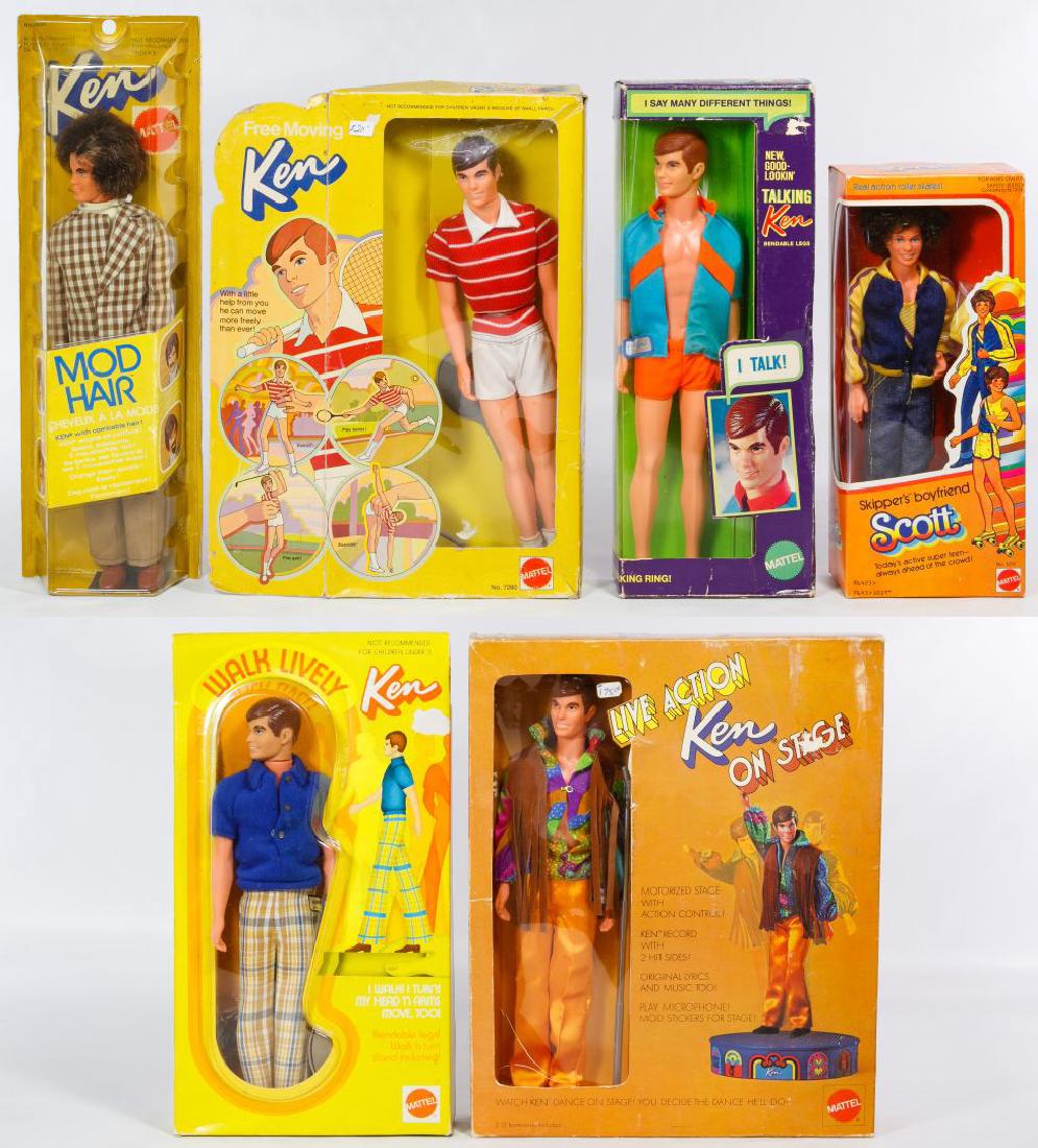 Mattel Ken Doll Assortment: Mattel Ken Doll Assortment Six Barbie boyfriend items in original boxes including a 1970 Talking Ken #1111, a 1971 Live Action Ken #1172, a 1972 Walk Lively Ken #1184, a 1973 Mod Hair Ken #4224, a 197