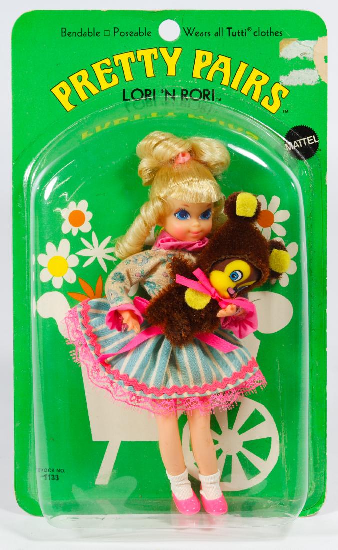 Mattel Lori 'n Rori Pretty Pairs Doll: Mattel Lori 'n Rori Pretty Pairs Doll Blonde Tutti doll stock #1133 with a stuffed animal; from Barbie family; never removed from original 1970 package Height: 9.00 inches, Width: 5.25 inches (package