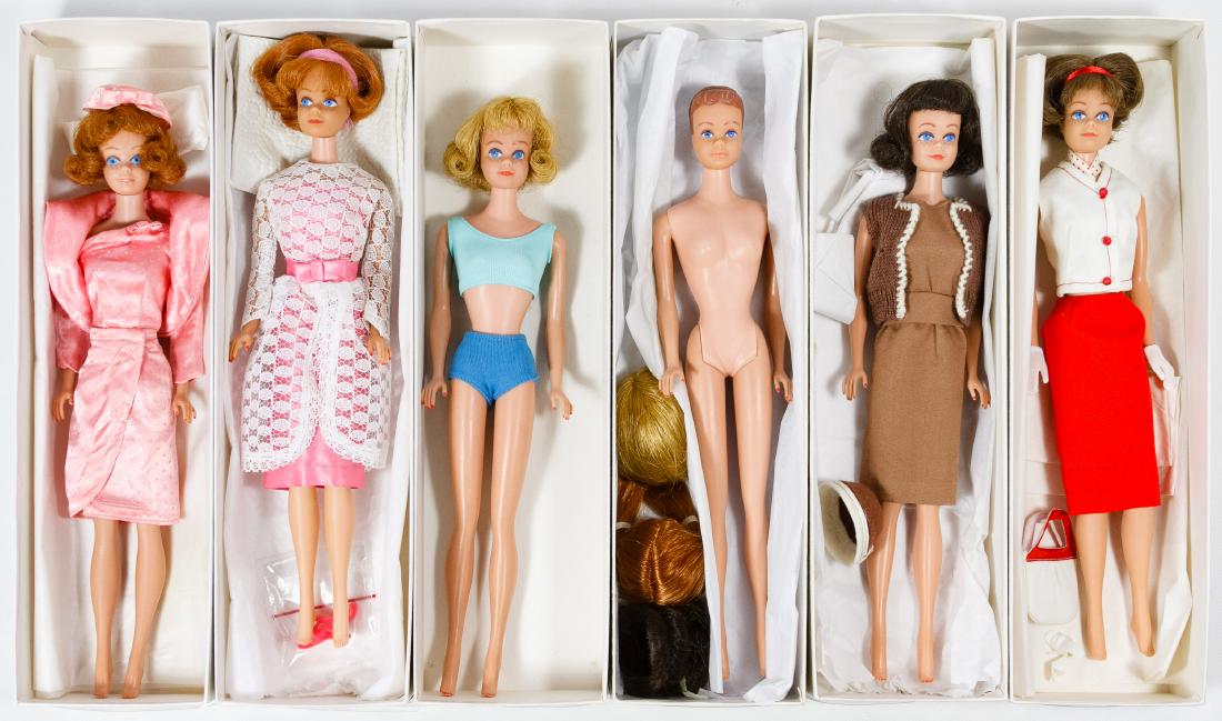 Mattel Midge Doll Assortment: Mattel Midge Doll Assortment Six Barbie friend items including (3) straight leg Midge dolls from the 1963 to 1966 era with one having painted teeth, a 1964 straight leg Midge doll with wig wardrobe, (