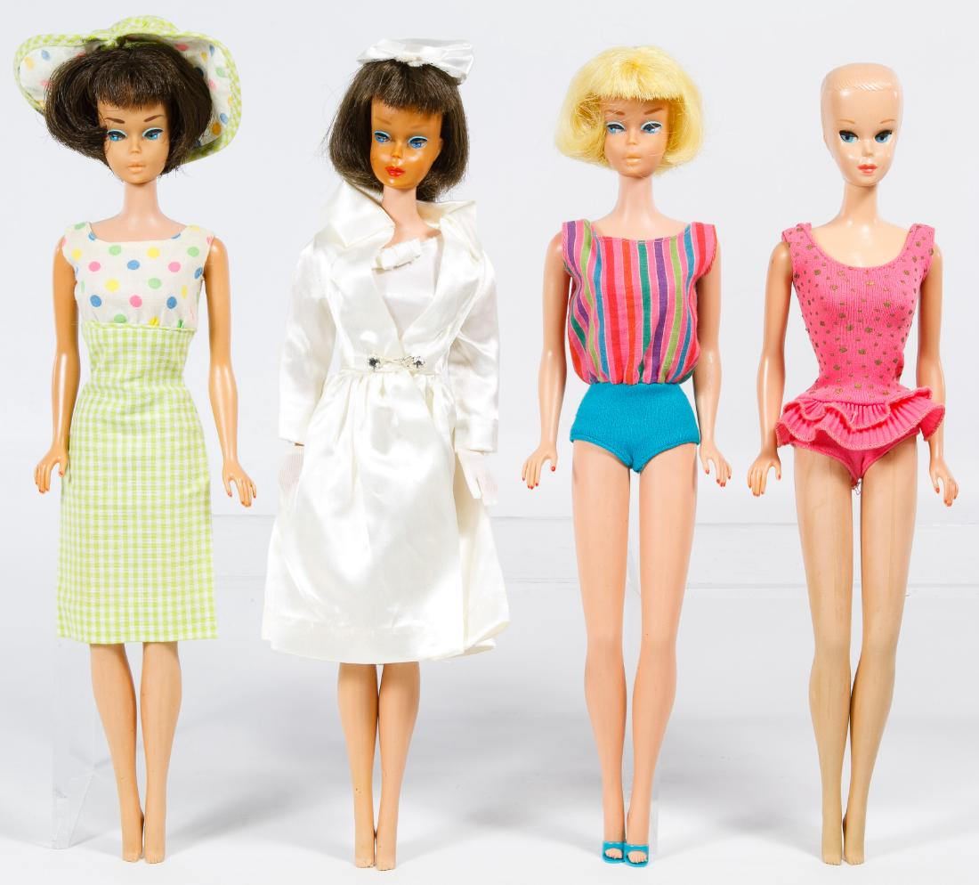 Mattel Miss Barbie and American Girl Barbie Dolls: Mattel Miss Barbie and American Girl Barbie Dolls Four dolls in original Mattel clothes including (2) brunette American Girl Barbies, a blonde American Girl Barbie and a Miss Barbie with open-close ey