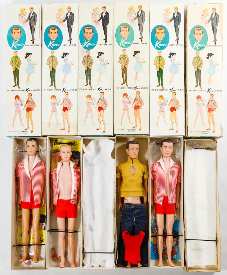 Mattel Painted Hair Ken Dolls: Mattel Painted Hair Ken Dolls Four 1963 (Barbie boyfriend) Ken dolls including a blonde and (3) brunette; in original boxes with wire stands and clothes; together with two empty Ken doll boxes Height: