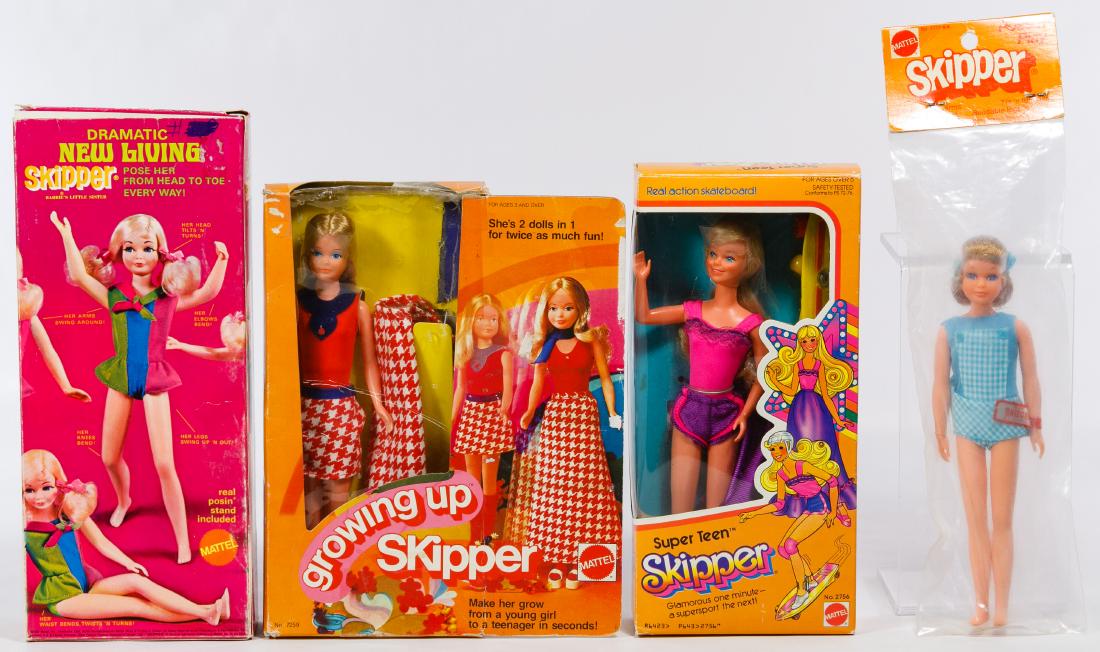 Mattel Skipper Doll Assortment: Mattel Skipper Doll Assortment Four Barbie sister dolls in original packages including a 1970 Dramatic New Living Skipper #1117, a 1973 Pos 'n Play Skipper #1972 in baggie, a 1974 Growing Up Skipper #