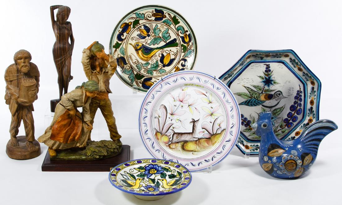 Statue and Decorative Ceramic Assortment: Statue and Decorative Ceramic Assortment Eight items including a Josep Bofill resin figurine of two figures, a Balinese teakwood female figurine, an unmarked carved wood male figurine, a Mexican terra