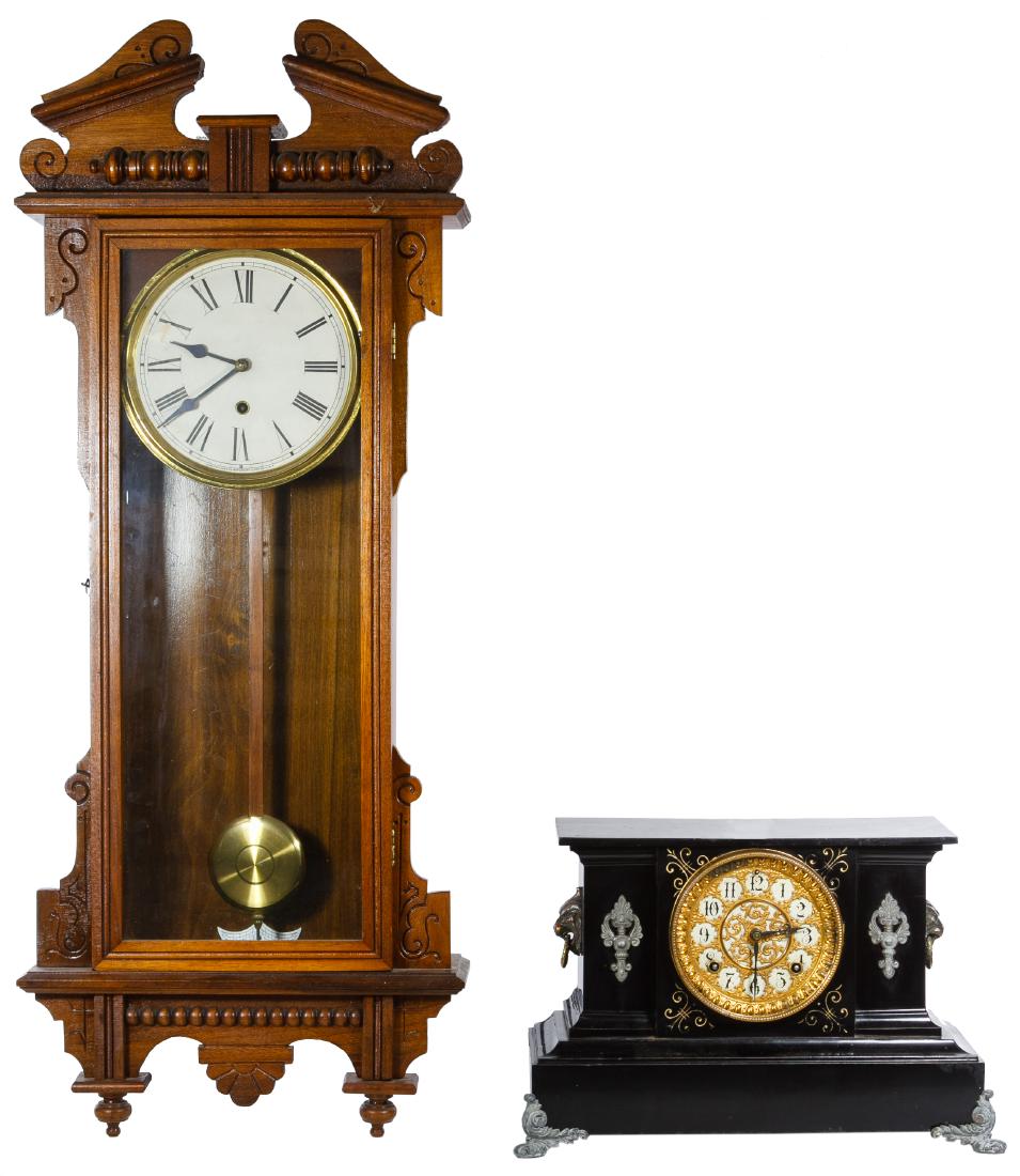 Waterbury Wall Clock and Ansonia Mantel Clock: Waterbury Wall Clock and Ansonia Mantel Clock Ansonia mantel clock and Waterbury Clock Co. wall clock; both have key and pendulum; together with an assortment of clock parts and accessories Height: 38