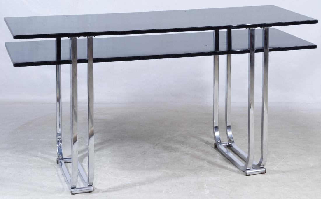MCM Chrome and Black Lacquer Console Table: MCM Chrome and Black Lacquer Console Table Sofa table having black lacquer top and shelf mounted on a pair of double chrome legs Height: 31.00 inches, Width: 60.00 inches, Depth: 22.00 inches Category