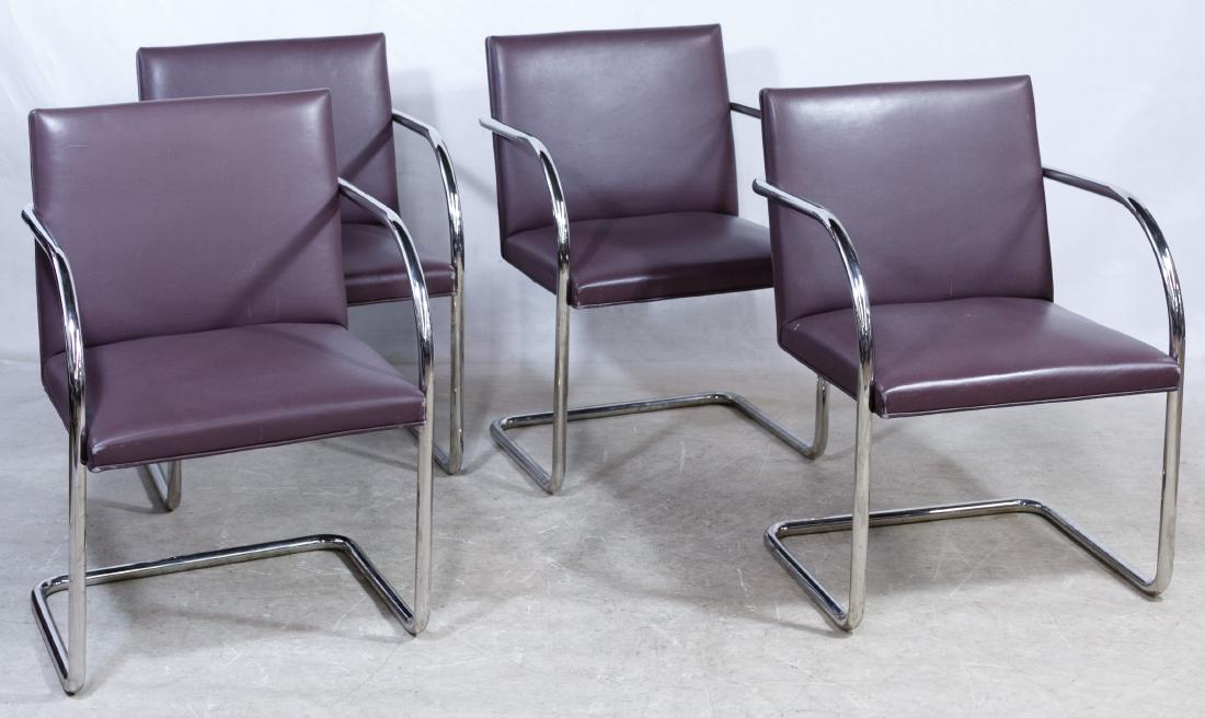 MCM Purple Upholstered Chrome Arm Chairs by Brueton: MCM Purple Upholstered Chrome Arm Chairs by Brueton Industries, Inc Four chairs having leather upholstery on a chrome frame; tag attached to underside Height: 31.00 inches, Width: 22.00 inches, Depth: