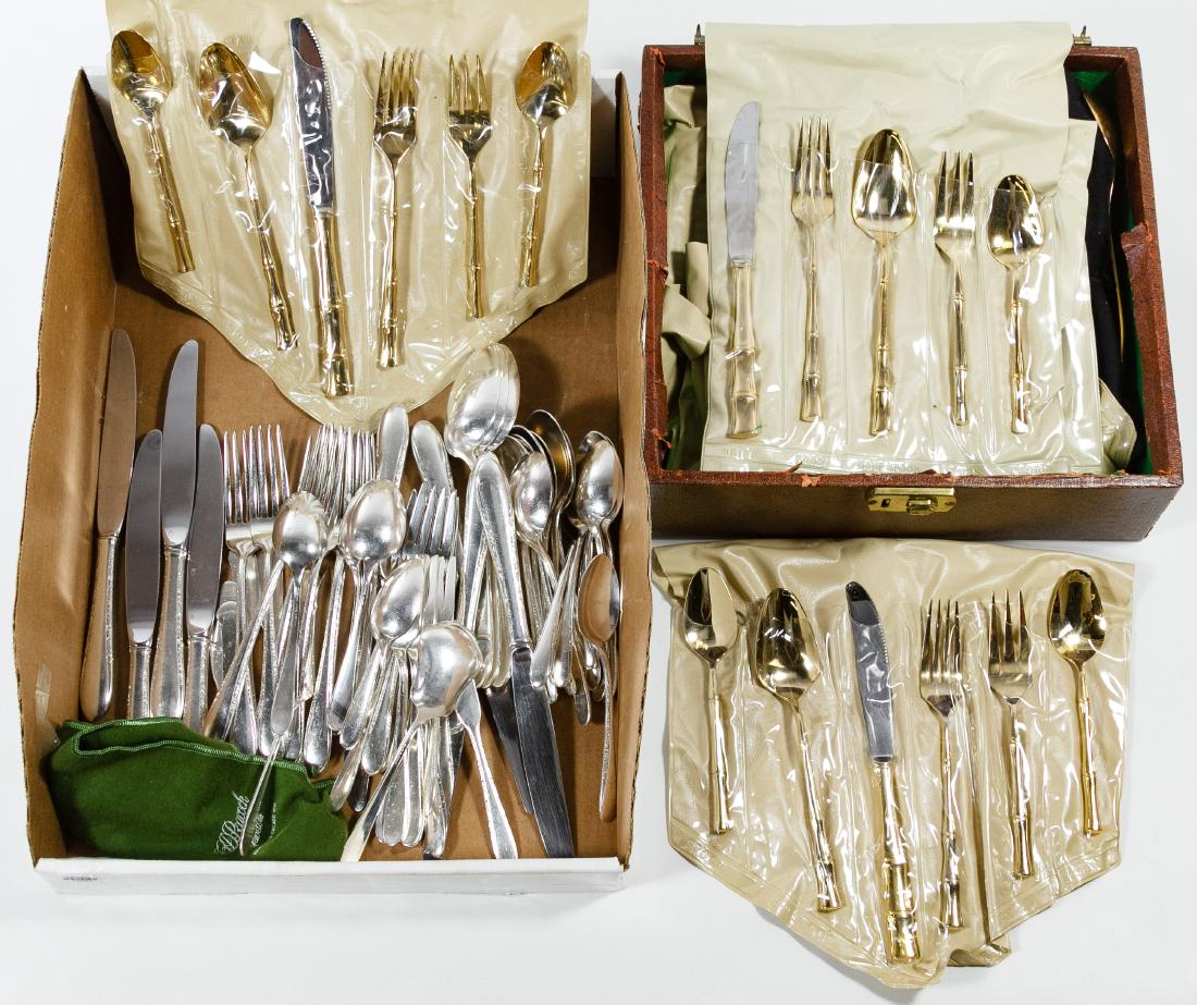Sterling Silver and Silverplate Flatware: Sterling Silver and Silverplate Flatware Including (2) sterling silver marked JS Co. spoons, a 59-piece set of 'Gorham Plate' marked flatware and an 81-piece set of 'Supreme Vermai' marked bamboo styl