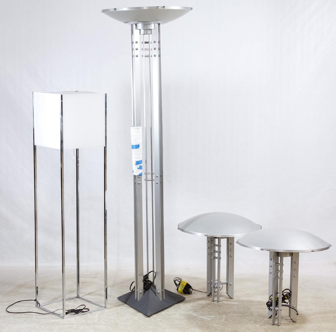 Table and Floor Lamps by George Kovacs: Table and Floor Lamps by George Kovacs Brushed aluminum torchiere floor lamp with two matching table lamps as well as an MCM chrome and white plastic floor lamp Height: 69.00 inches, Diameter: 20.00 i