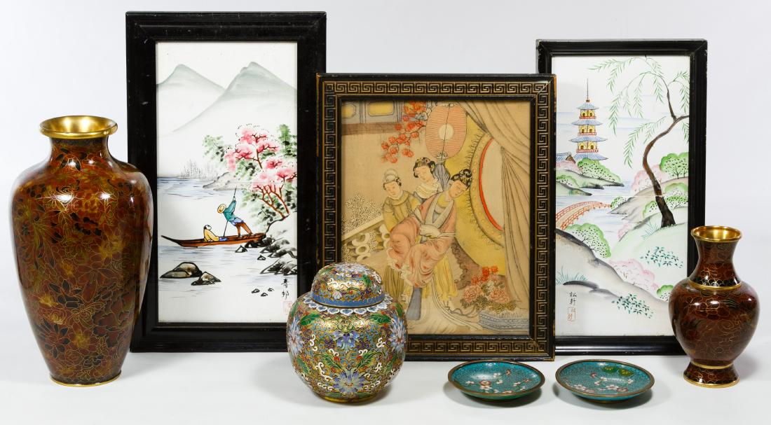 Asian Cloisonne, Painted Tile and Embroidered Landscape: Asian Cloisonne, Painted Tile and Embroidered Landscape Assortment Including cloisonne vases, dishes and a jar, three embroidered silk pictures, two framed painted tile landscapes and a framed hand ti