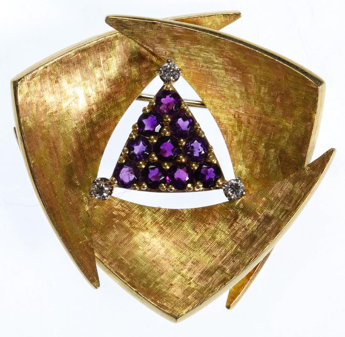 Gubelin 18k Gold, Amethyst and Diamond Pendant / Brooch: Gubelin 18k Gold, Amethyst and Diamond Pendant / Brooch Three-sided pendant / brooch having (10) round cut amethyst adorned by (3) round cut diamonds; marked '750' and marker mark on the back Height: