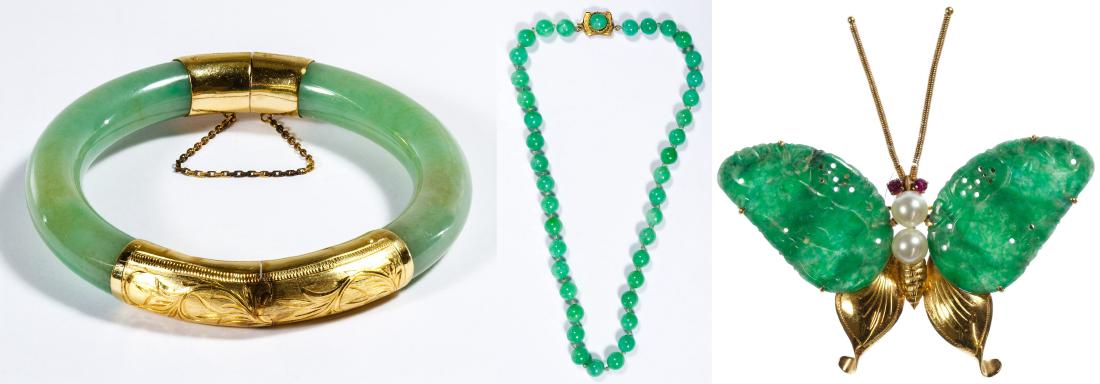 14k Gold and Jadeite Jade Bangle Bracelet: 14k Gold and Jadeite Jade Bangle Bracelet Having a hinge and clasp; together with 14k gold and jadeite jade butterfly brooch pin marked '14k' and a necklace having thirty-nine beads and a gold clasp a