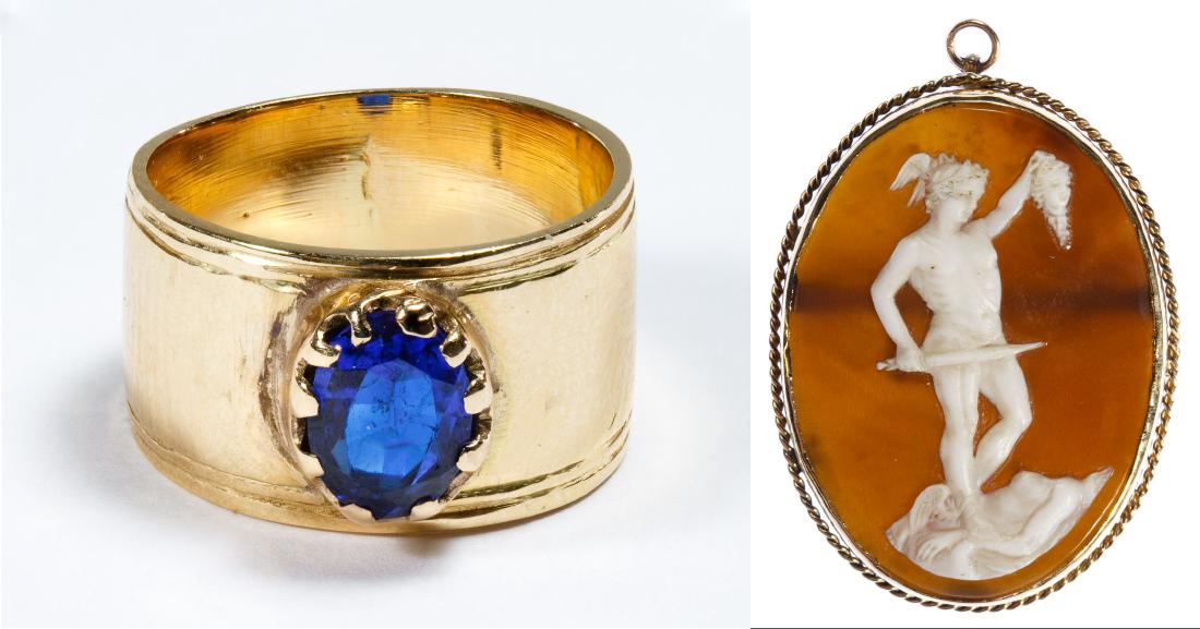14k Gold and Spinel Ring: 14k Gold and Spinel Ring Having an oval cut spinel; marked '14k' inside band; together with a 10k gold framed carved shell cameo pin / pendant having a carved image of 'Perseus with the Head of Medusa
