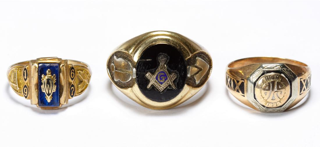 10k Gold School Rings: 10k Gold School Rings Two high school rings; together with a 10k Gold Masonic Ring; all marked '10k' inside band Size: 7.5, 8 Weight: 10.48 dwts. (total weight) Category: Fine Jewelry > 10k Gold Shipp