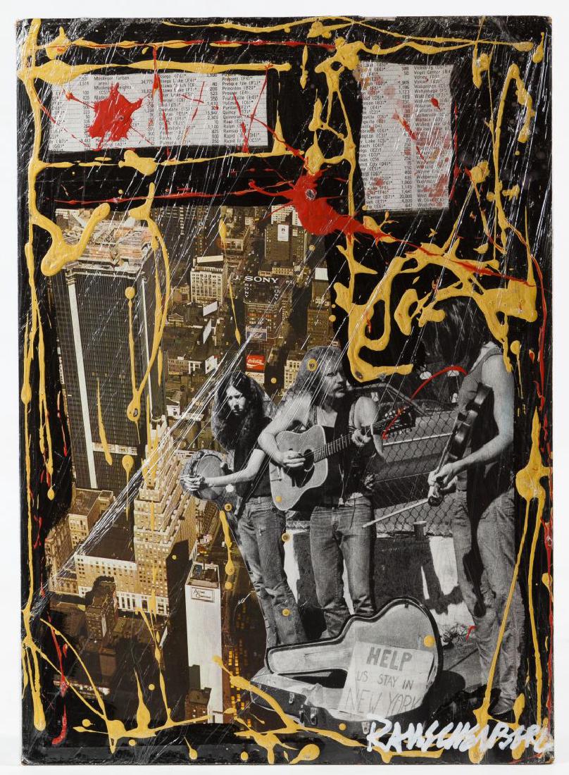 (In the Style Of) Robert Rauschenberg (American,: (In the Style Of) Robert Rauschenberg (American, 1925-2008) Mixed Media on Board Undated, signed lower right, depicting musicians and New York City buildings with paint splatters over a collage of pri