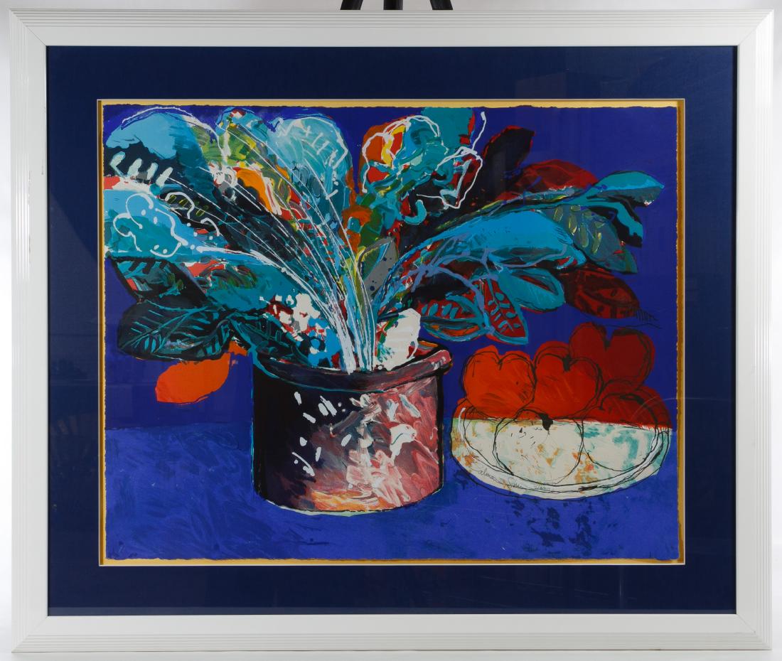Calman Shemi (Argentina / Israel, b.1939) 'Still Life: Calman Shemi (Argentina / Israel, b.1939) 'Still Life in Blue' Print Undated, pencil signed lower right, numbered 4/240, depicting flowers in a pot Height: 22.50 inches, Width: 28.50 inches (sight) Fr