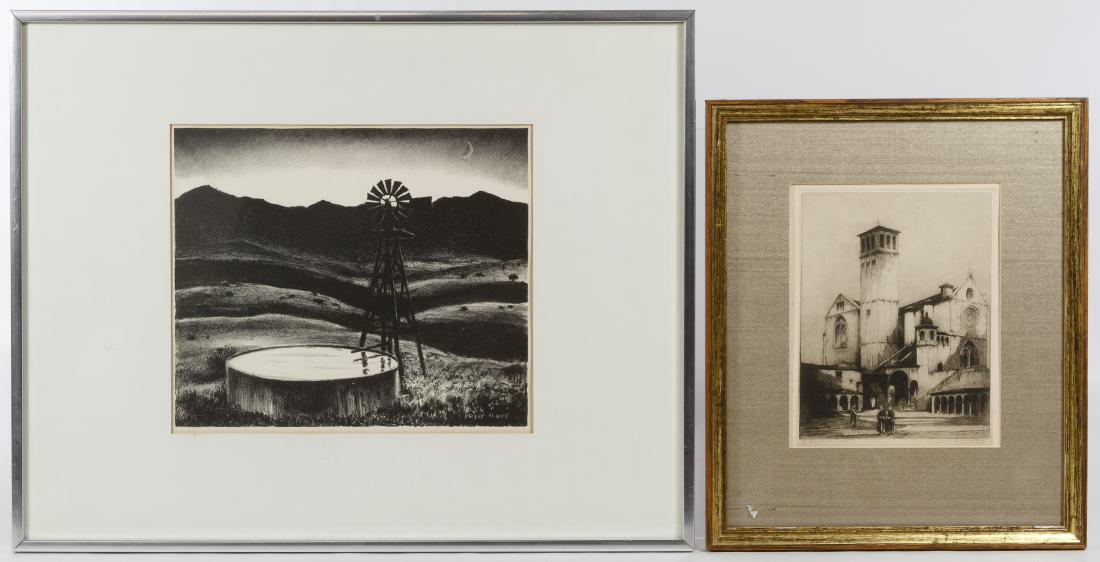 Peter Hurd (American, 1904-1984) 'The Water Tank': Peter Hurd (American, 1904-1984) 'The Water Tank' Lithograph c.1936, printed signature lower right, depicting a windmill and pool of water; together with an Italian engraving of a church in Assisi wit