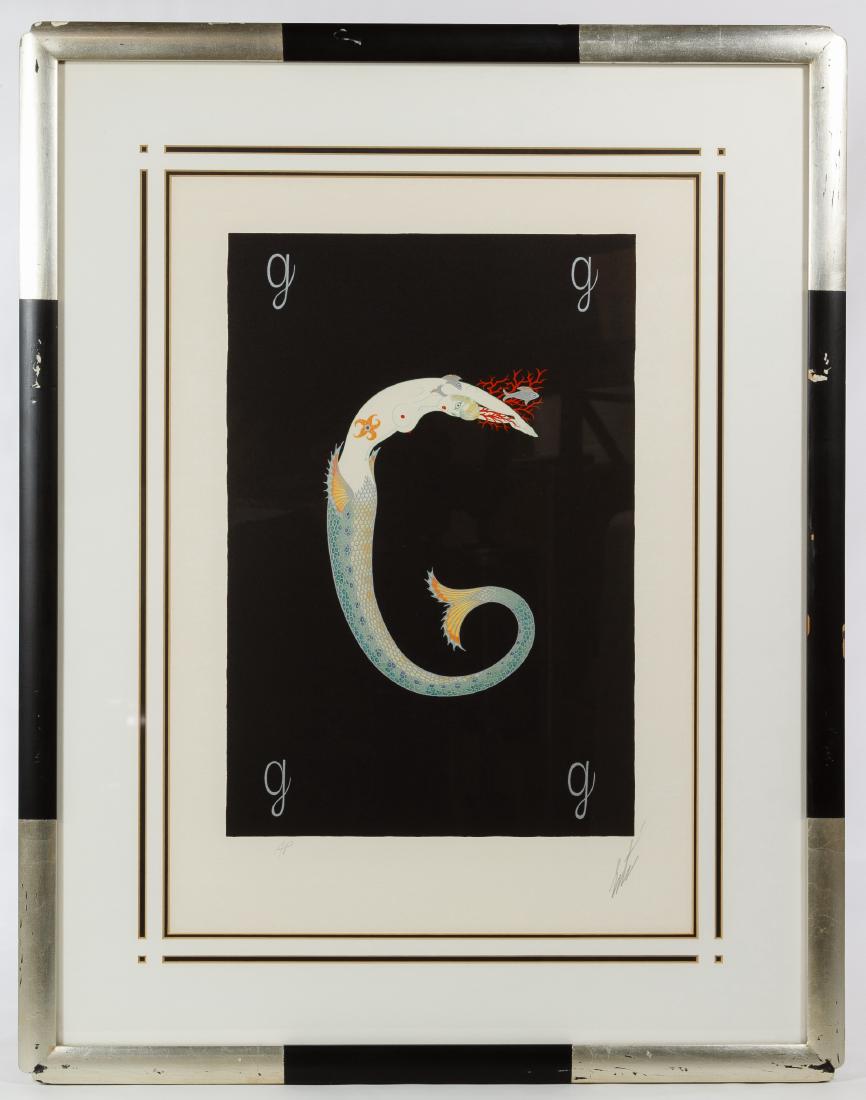Romain (Erte) de Tirtoff (Russian, 1892-1990) 'Alphabet: Romain (Erte) de Tirtoff (Russian, 1892-1990) 'Alphabet Suite - G' Serigraph 1977, signed lower right, marked 'AP' lower left, depicting a mermaid forming the letter G; with a Circle Gallery, Ltd prin