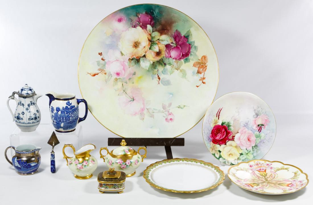 Limoges Porcelain Assortment: Limoges Porcelain Assortment Including a JP marked charger with hand painted flowers signed by the artist in 1900, (3) dinner size plates and a creamer and sugar bowl as well as a Danish creamer and a