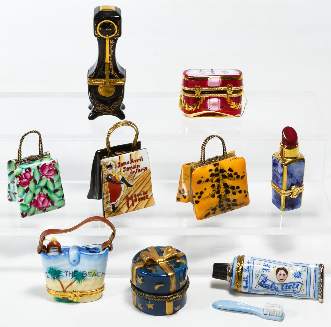 Limoges Trinket Box Assortment: Limoges Trinket Box Assortment Eight Limoges marked boxes including beach bag with suntan lotion, rose purse, Jane Averill bag with shoes, binoculars with case, clock, lipstick, spotted purse and toot