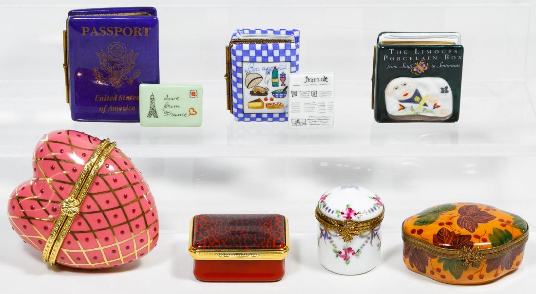 Limoges Trinket Box Assortment: Limoges Trinket Box Assortment Limoges marked including cookbook, passport, porcelain book, leaf and round floral; together with a Halcyon Days red box and an unmarked 'From the Heart' box Height: 3.0