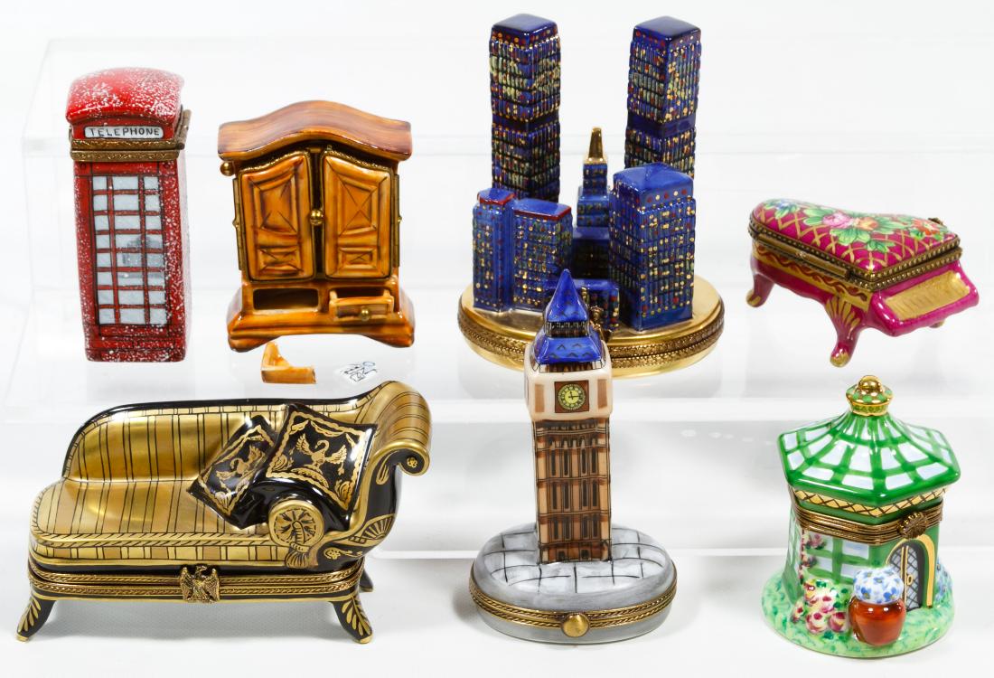 Limoges Trinket Box Assortment: Limoges Trinket Box Assortment Seven items including World Trade Center memorial, piano, wardrobe with shirt, chase lounge, telephone booth, gazebo and clock tower Height: 4.00 inches (clock tower) Ca