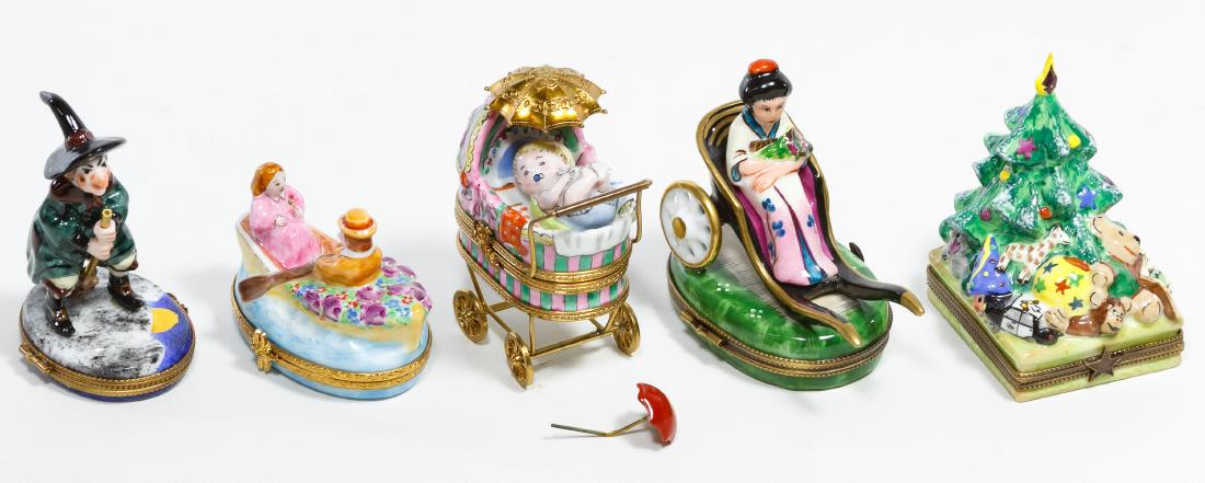 Limoges Trinket Box Assortment: Limoges Trinket Box Assortment Five items including a baby in carriage, Christmas tree, witch with box, two people in a boat and seated Asian female Height: 3.25 inches (Christmas tree) Category: Pott
