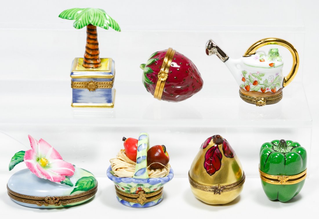 Limoges Trinket Boxes: Limoges Trinket Boxes Seven Limoges marked boxes including a palm tree, a green pepper, a strawberry, a flower, a partridge in a pear tree, a watering can and a fruit basket; together with two gift bo