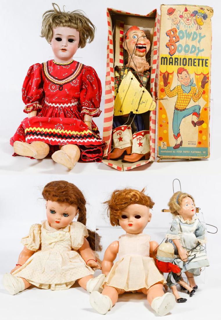 Bisque, Composition and Celluloid Doll and Marionette: Bisque, Composition and Celluloid Doll and Marionette Assortment Six items including a Simon & Halbig Heinrich Handwerck German bisque socket head doll on composition jointed body, a Tony Sarge for Ma