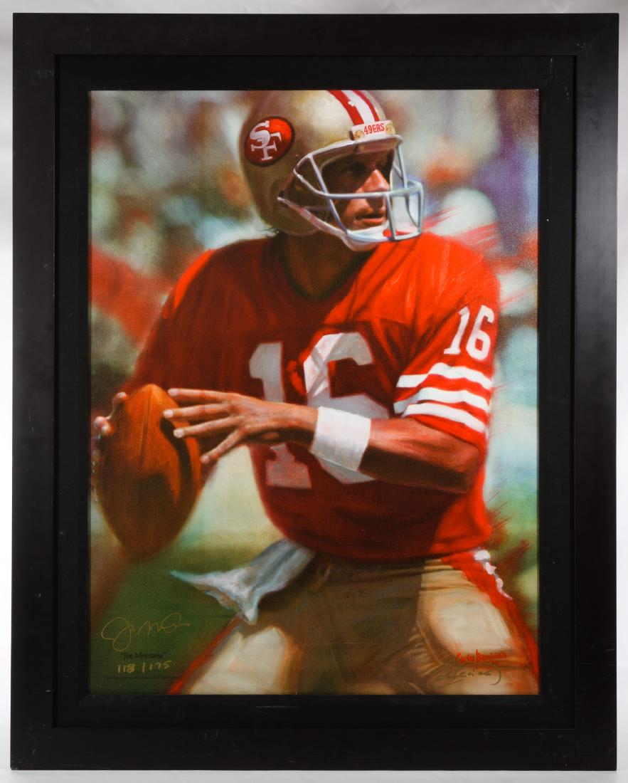 Carlo Beninati (American, b.1942) 'Joe Montana' Signed: Carlo Beninati (American, b.1942) 'Joe Montana' Signed Giclee Print 2004, signed lower right, numbered 118/175, signed by Joe Montana lower left Height: 34.00 inches, Width: 25.50 inches (sight) Frame