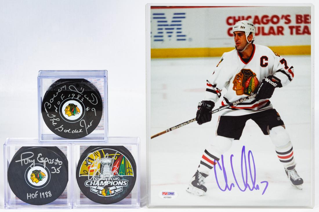 Chicago Blackhawks Signed Memorabilia: Chicago Blackhawks Signed Memorabilia Four items including three hockey pucks signed by Bobby Hull, Tony Esposito and Joel Quenneville and Chris Chelios signed photograph; all are certified by PSA/DNA
