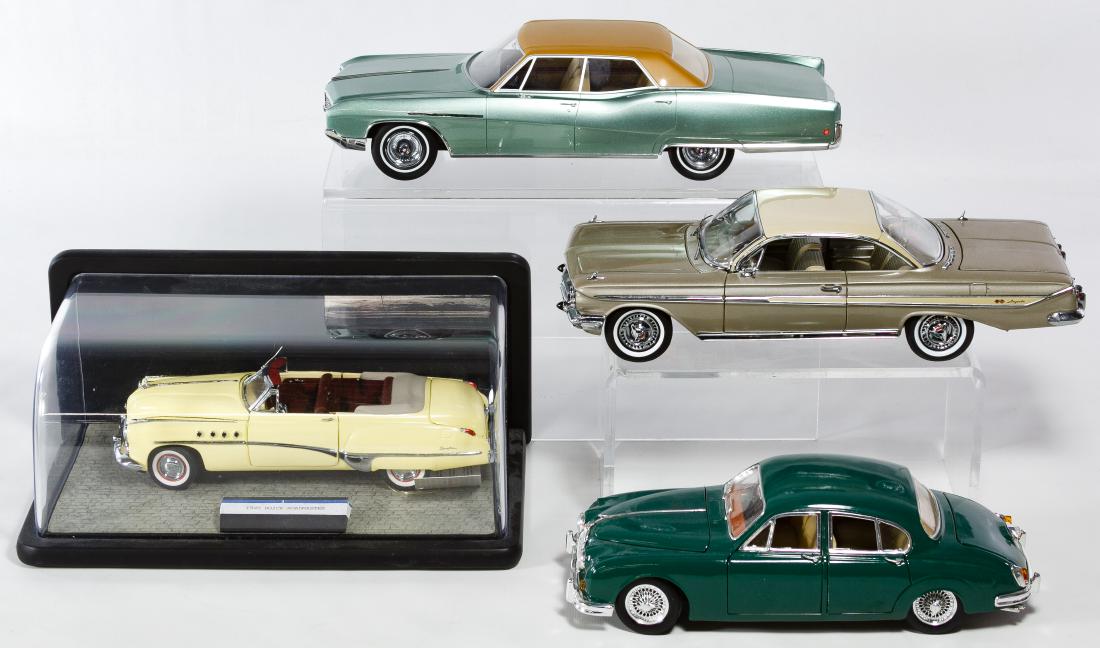 Scale Model Car Assortment: Scale Model Car Assortment Four items including a Franklin Mint Precision model Buick Roadmaster, a Bos-Models Buick Electra, a Maisto Jaguar and a Sun Star Impala Length: 12.25 inches (Buick Electra)