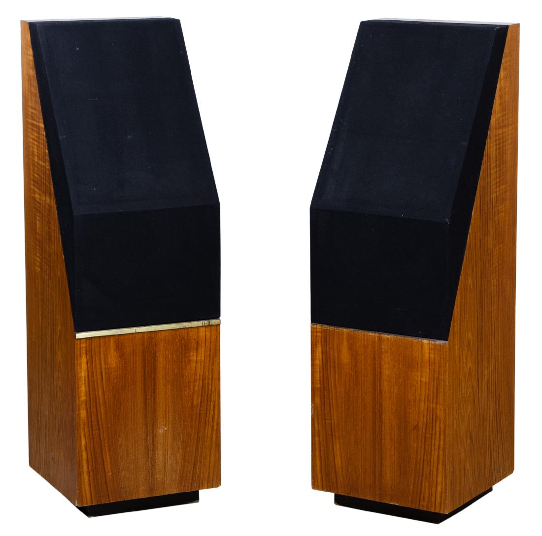 Thiel Floor Model 30A Speakers: Thiel Floor Model 30A Speakers Pair of wood frame speakers with fabric covers with serial #2651 and 2652; provenance: consigned by a professional producer and longtime recording artist Height: 38.00 i