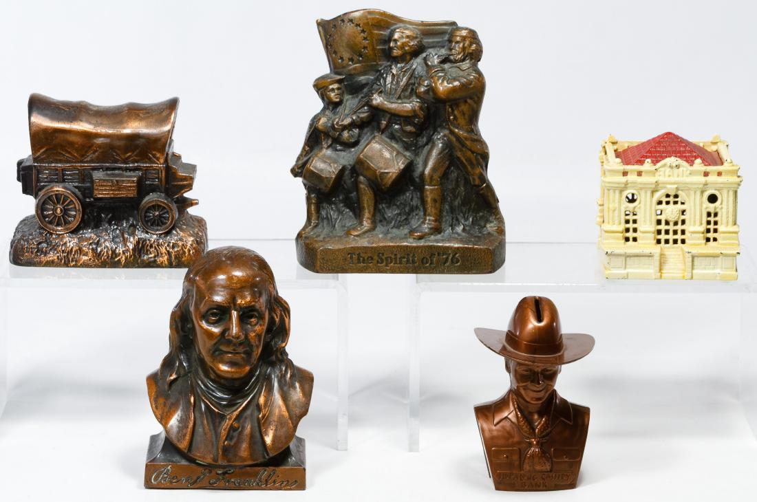 Still Bank Assortment: Still Bank Assortment Five items including Hopalong Cassidy, Benjamin Franklin, the Spirit of '76, a covered wagon and a bank building Category: Collectibles > Toys Shipping Status: Leonard Auction, I