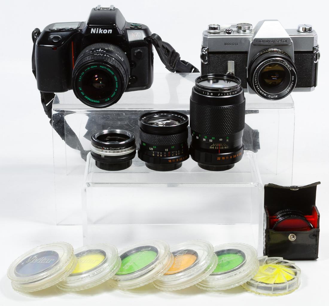 Camera, Lens and Filter Assortment: Camera, Lens and Filter Assortment Fourteen items including Mamiya Sekor 1000DTL camera with 55mm lens, Nikon N70 camera with 28-80mm lens, six color filters by Vivitar, three close-up lenses by Vivit