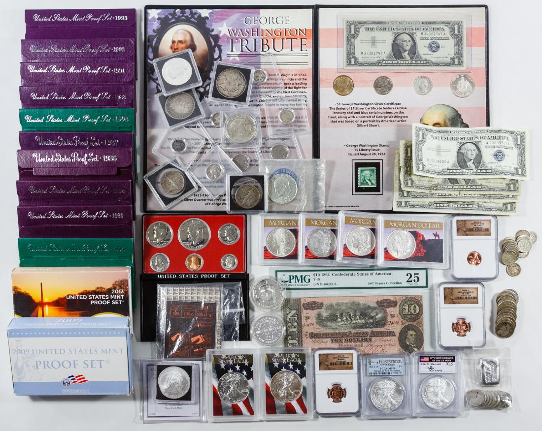 US Silver Coin and Currency Assortment: US Silver Coin and Currency Assortment Including 1881-S, 1883 1921-D and (2) 1921 Morgan $1; 1922 and 1922-D Peace $1; (2) 1971 Eisenhower $1; 1987, 1993, 2013, 2013 MS-69 PCGS, 2013-S MS-70 PCGS Silv