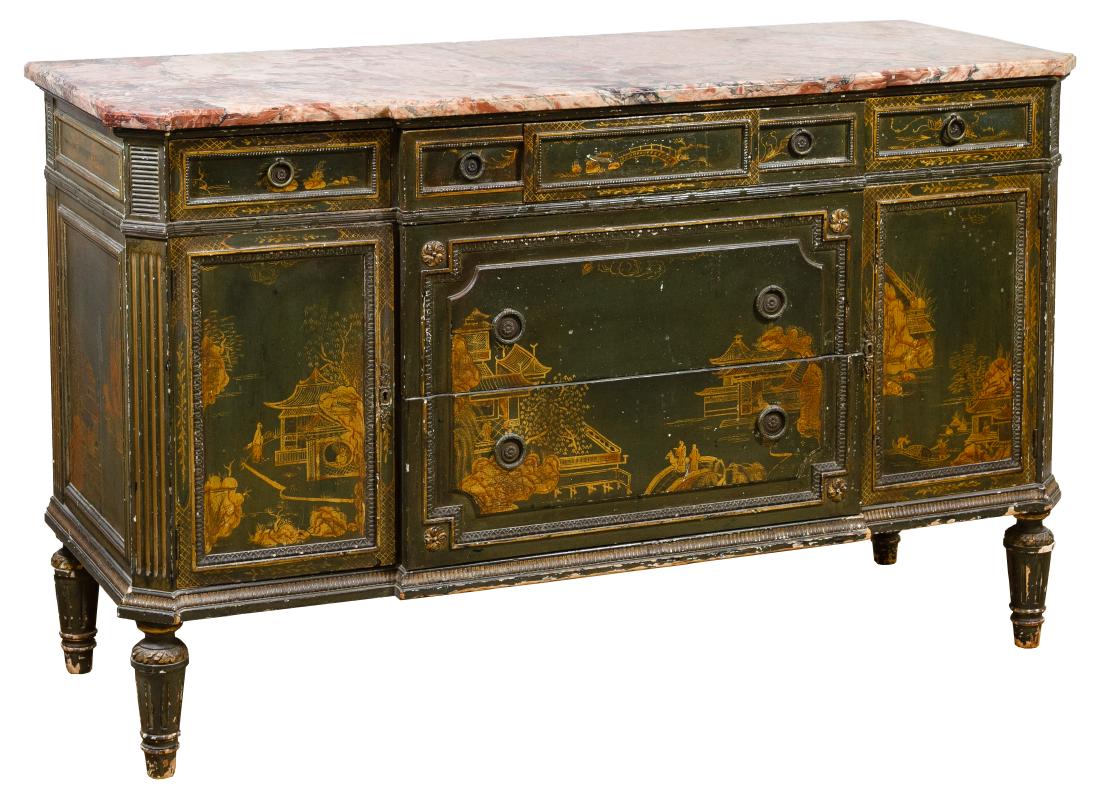 Asian Marble Top Buffet: Asian Marble Top Buffet Center and end drawers over two center drawers and end doors, painted green with gold Asian scenery and pink marble top; provenance: from the collection of the Waldorf Astoria 