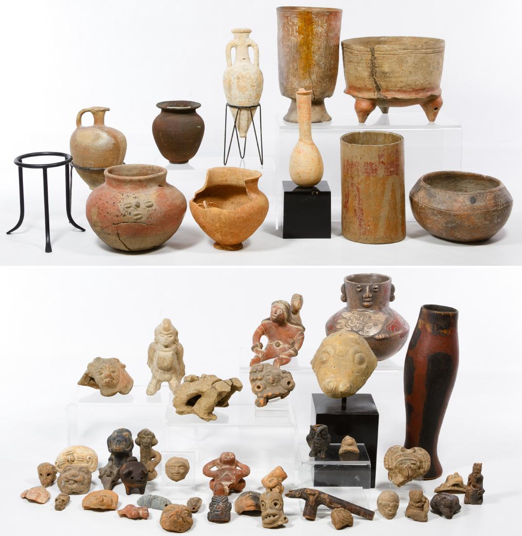 Central and South American Pottery Assortment: Central and South American Pottery Assortment Including mask ornaments, figural pipes, a signed Ernesto Duran Chili marked vase, bowls, jars and display mounts Height: 11.00 inches (tallest) Category: