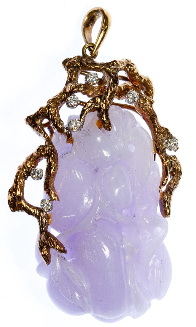 14k Gold, Lavender Jade and Diamond Pendant: 14k Gold, Lavender Jade and Diamond Pendant Having carved lavender jade on a gold topper and bail adorned with small round cut diamonds; marked '585' and '14k' on bail Length: 2.13 inches Weight: 15.3