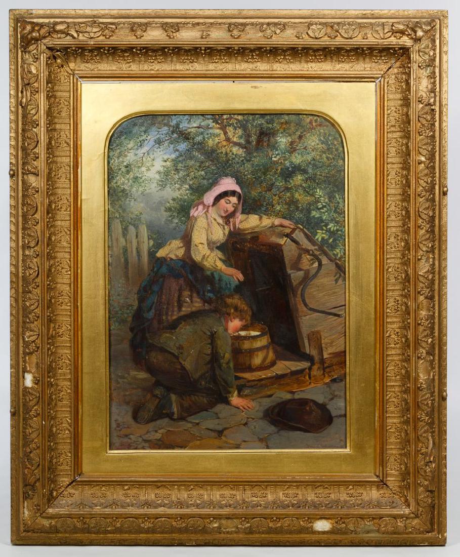 John Haynes Williams (United Kingdom, 19th Century) Oil: John Haynes Williams (United Kingdom, 19th Century) Oil on Board Undated, signed lower right, depicting a male getting a drink from a bucket and a female waiting to push his head into the water; attac