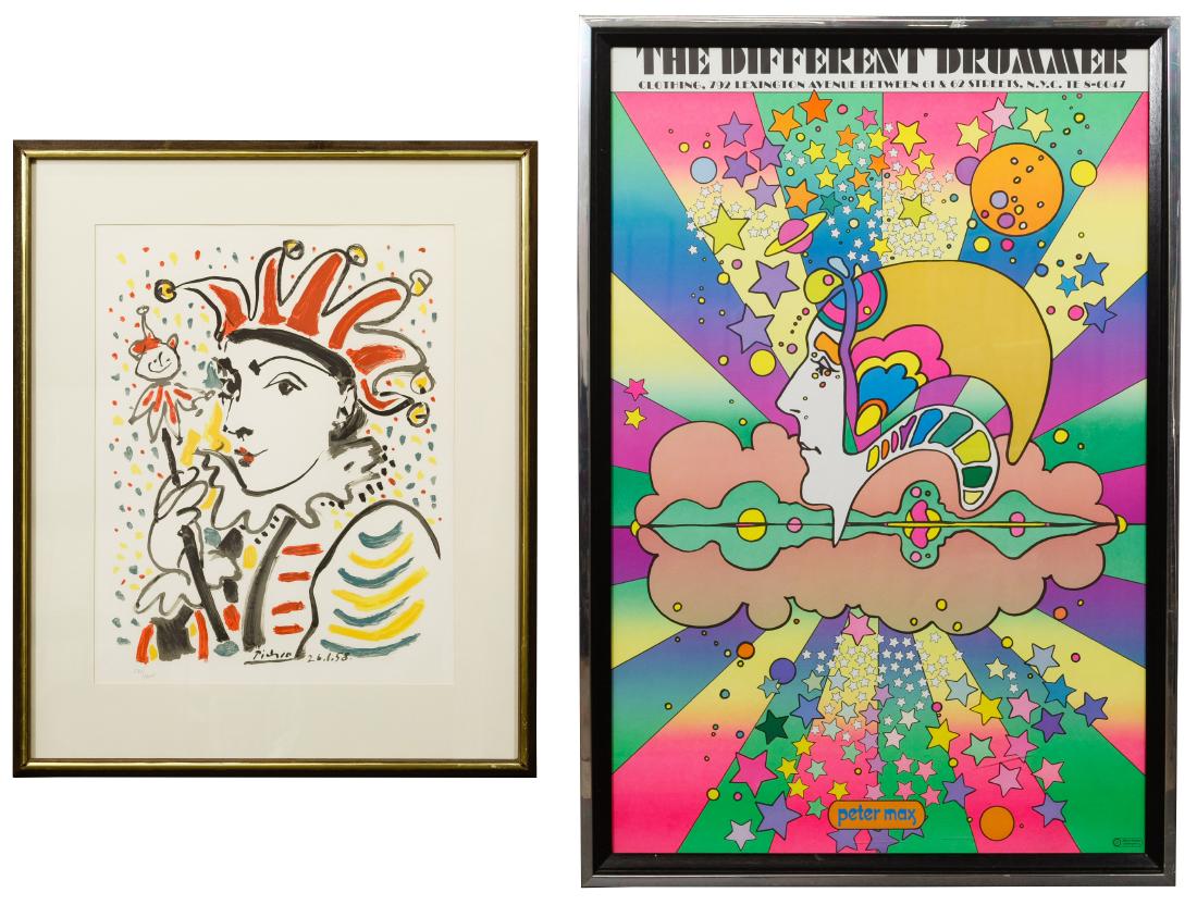 (After) Pablo Picasso (Spanish, 1881-1973) 'Jester': (After) Pablo Picasso (Spanish, 1881-1973) 'Jester' Lithograph Reproduction of a 1958 piece numbered 541/1000 having a Merrill Chase gallery sticker en verso; together with a Peter Max 'The Different