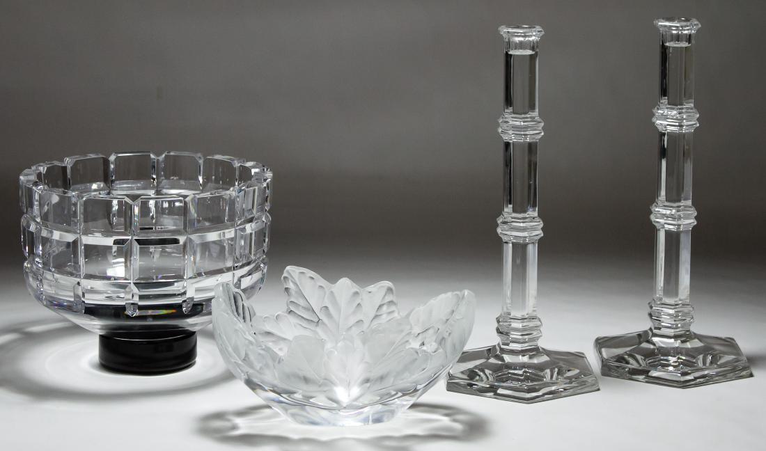 Tiffany, Lalique and Orrefors Crystal Assortment: Tiffany, Lalique and Orrefors Crystal Assortment Three items including a pair of Tiffany & Co. 'Windham' candlesticks with hexagonal bases, a Lalique 'Compiegne' bowl and an Orrefors crenelated round 