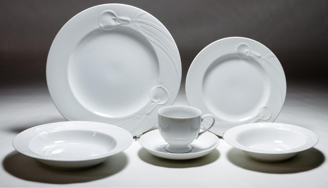 Mikasa 'Classic Flair' China Service: Mikasa 'Classic Flair' China Service Including (8) dinner plates, (8) dessert plates, (8) coffee cups, (8) saucers, (8) salad bowls, (2) round serving platters, (2) round serving bowls, (2) small roun