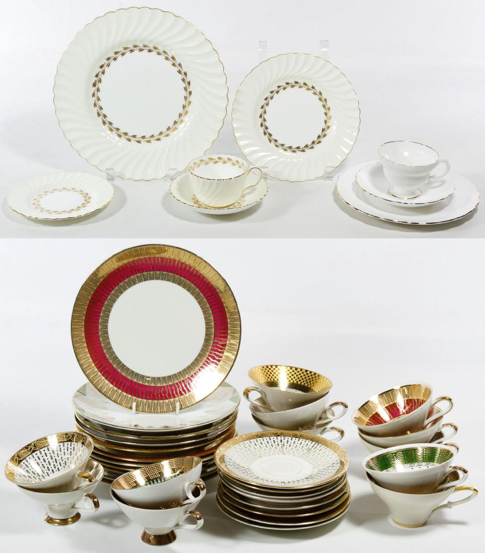 Minton 'Cheviot Gold' China Service: Minton 'Cheviot Gold' China Service Including (8) dinner plates, (8) dessert plates, (8) bread plates, (8) cups and (8) saucers and a demitasse cup and saucer; together with (8) dessert plates, (8) cu