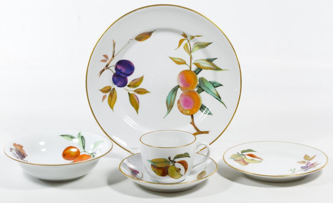 Royal Worcester 'Evesham' Dinnerware: Royal Worcester 'Evesham' Dinnerware Including (14) dinner plates, (13) dessert plates, (12) bread plates, (14) coffee cups, (15) saucers, (10) soup bowls, (2) covered casseroles, a divided serving bo