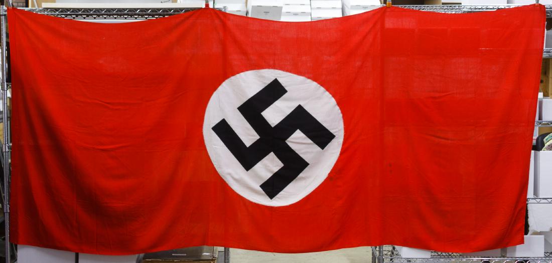 World War II Era German Banner: World War II Era German Banner Having a printed swastika on white circle sewn onto each side of the red ground Length: 113.00 inches, Width: 51.00 inches Category: Military & Weapons > World War II Sh
