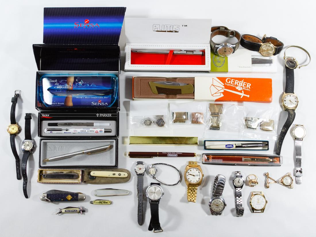Wrist Watch, Pen and Pocket Knife Assortment: Wrist Watch, Pen and Pocket Knife Assortment Including Timex, Landau and Lord Elgin wrist watches; Camillus and Deluxe pocket knives; and Parker and Paper Mate pens Length: 8.25 inches (watch band) Ca