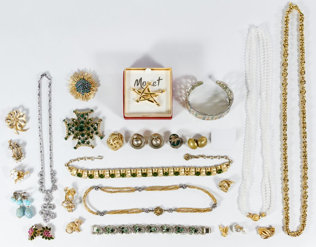 Signed Costume Jewelry Assortment: Signed Costume Jewelry Assortment Including necklaces, clip earrings, brooches and a bracelet with examples from Miriam Haskell, Weiss, Marboux, Monet and Trifari Length: 30.00 inches (necklace) Categ